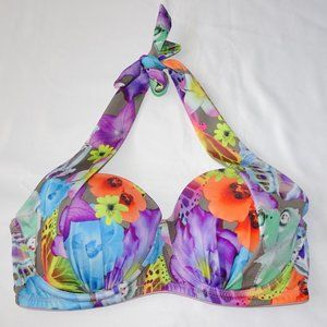 La Vie En Rose Aqua Floral Multicolor Halter Push Up Bikini Top